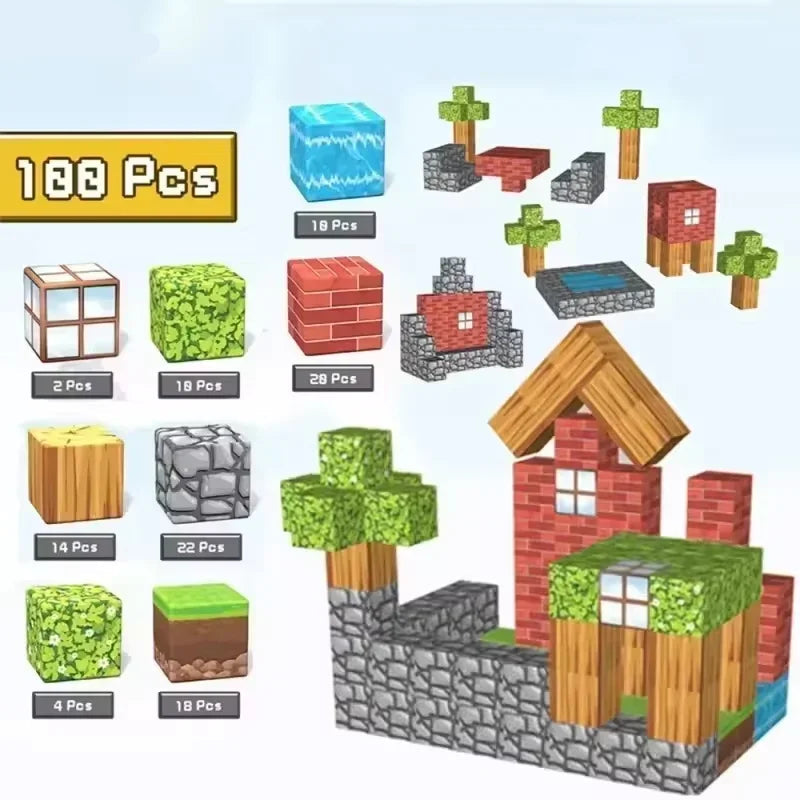 Set of building blocks with various shapes and colors on a white background