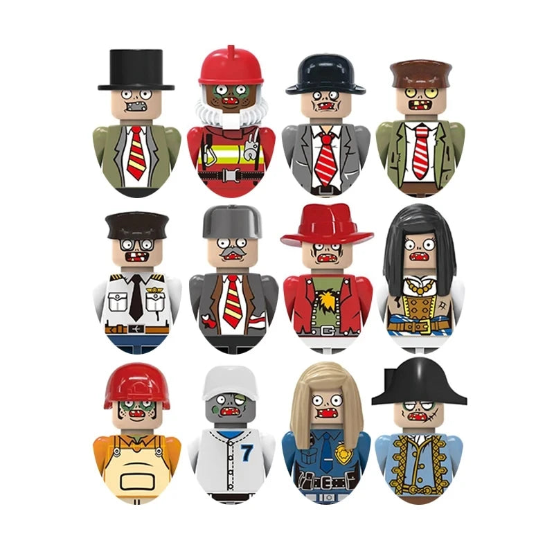 Set of colorful figurines with various outfits on a white background