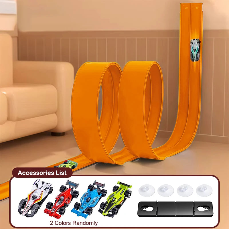 Orange toy race track with cars and accessories on a neutral background