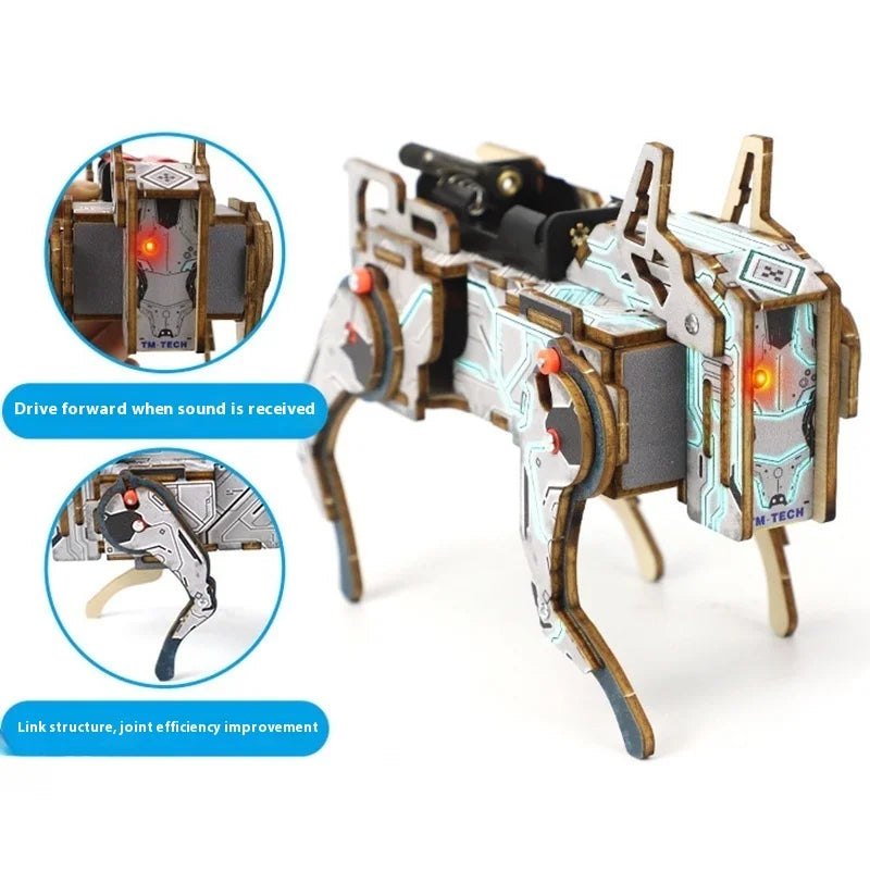 Mechanical dog model with electronic components on a white background