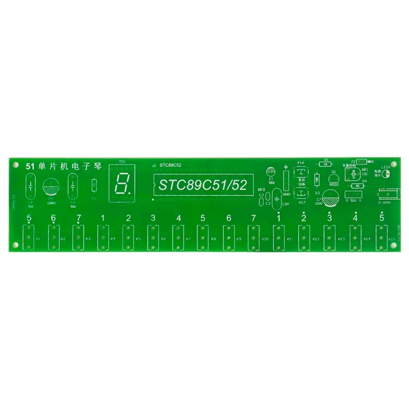 Green printed circuit board with electronic components and STC89C51/52 label on a white background