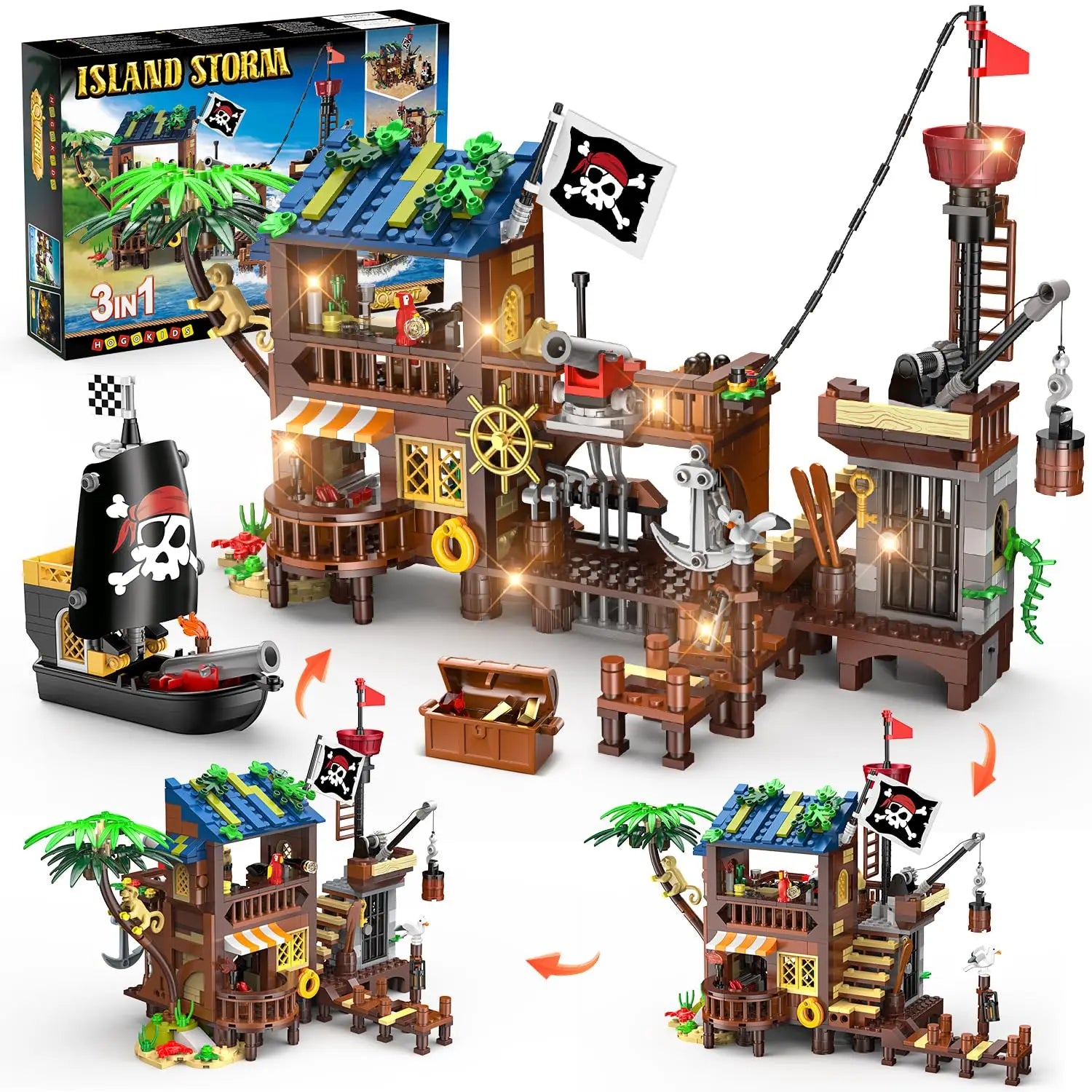 Pirate-themed building set with detailed structures and accessories, including a ship and flag, on a white background.
