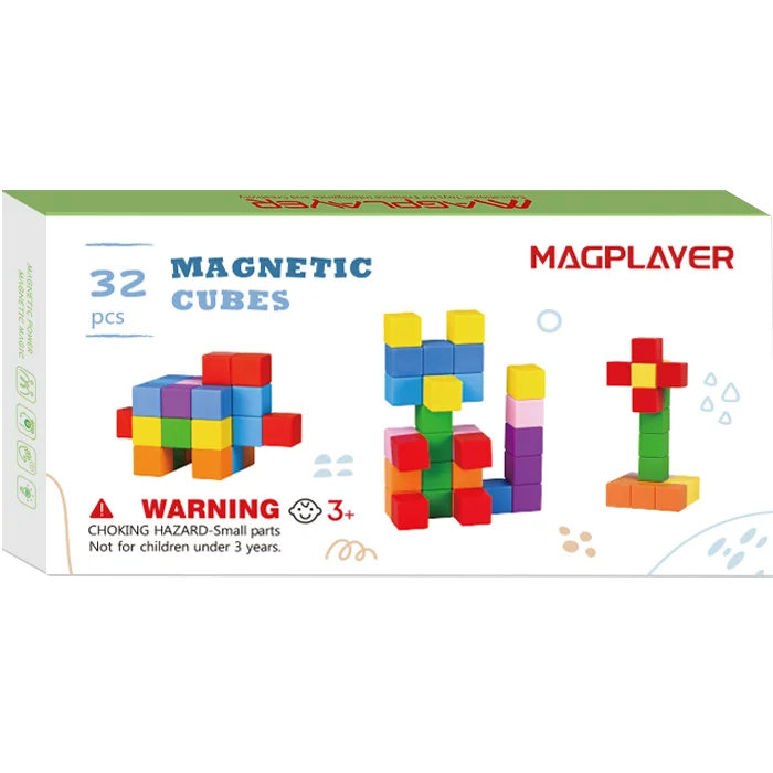 Box of Magplayer magnetic cubes with colorful illustrations on a white background