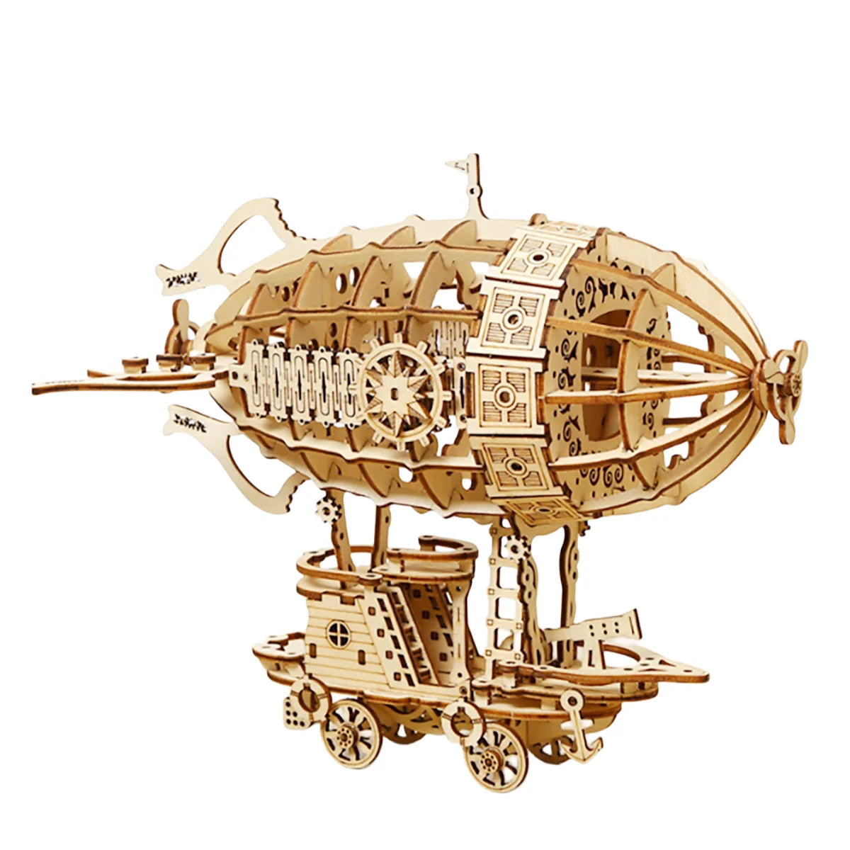 Wooden model of a steampunk-style airship on a white background