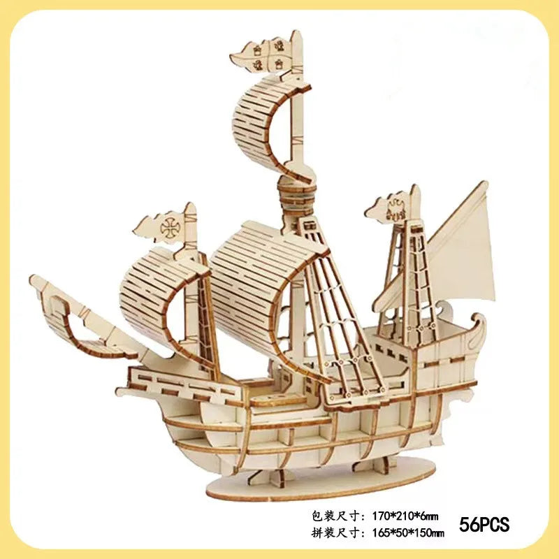 Wooden ship model puzzle with detailed design on a white background