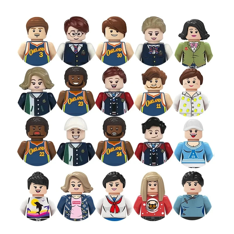 Collection of diverse toy figures in various outfits on a white background