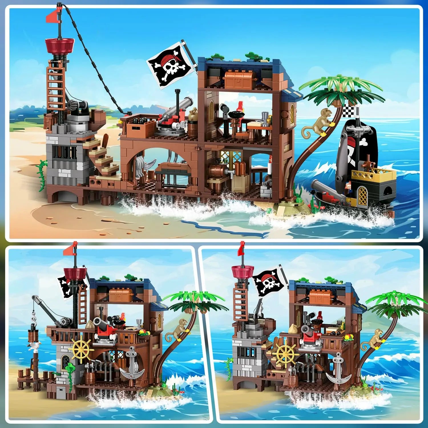 Pirate-themed building set with ship and beach scenery on a blue sky background