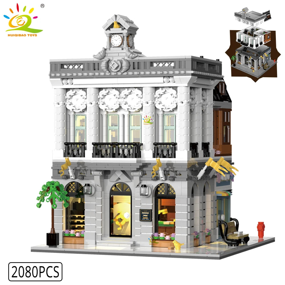 Detailed model of a building with clock tower and storefront, featuring 2080 pieces.