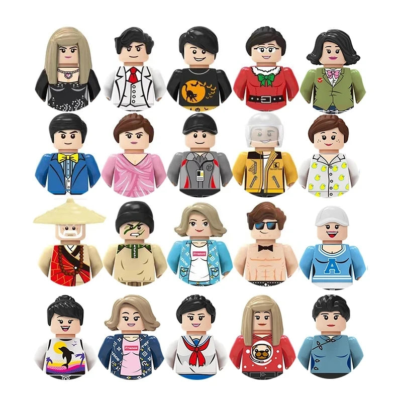Set of diverse toy figures with various outfits on a white background