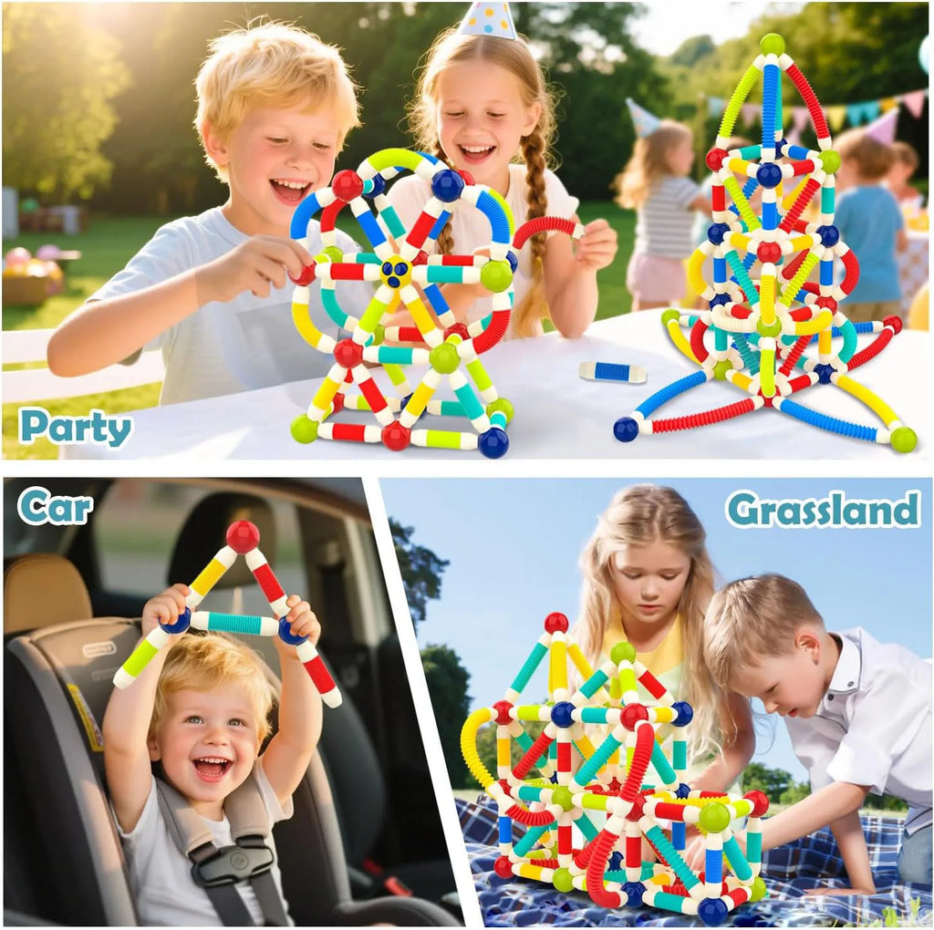 Children playing with colorful building toys in various settings.