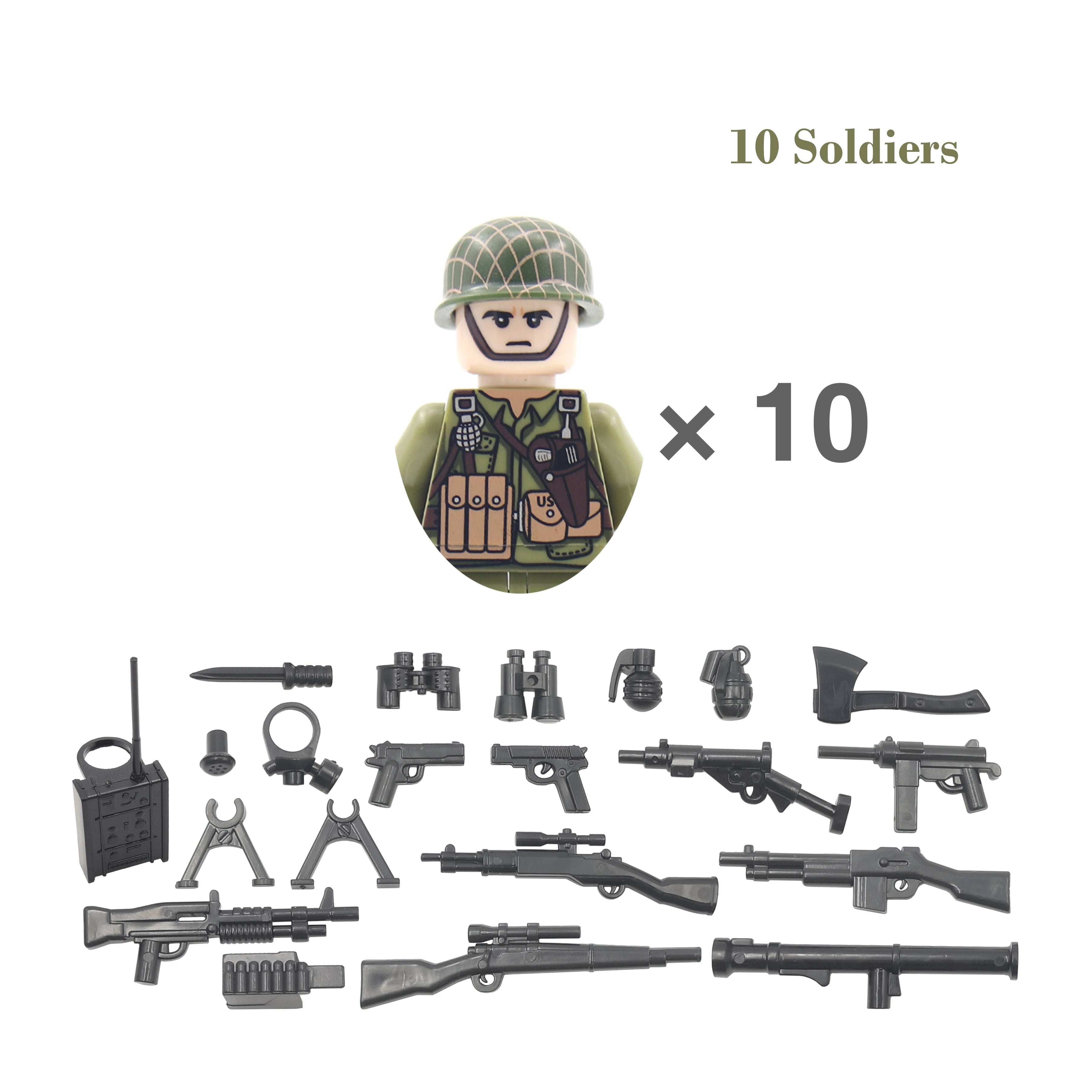 Set of toy soldiers and accessories with a figure labeled 'SR-US10BP3' on a white background.