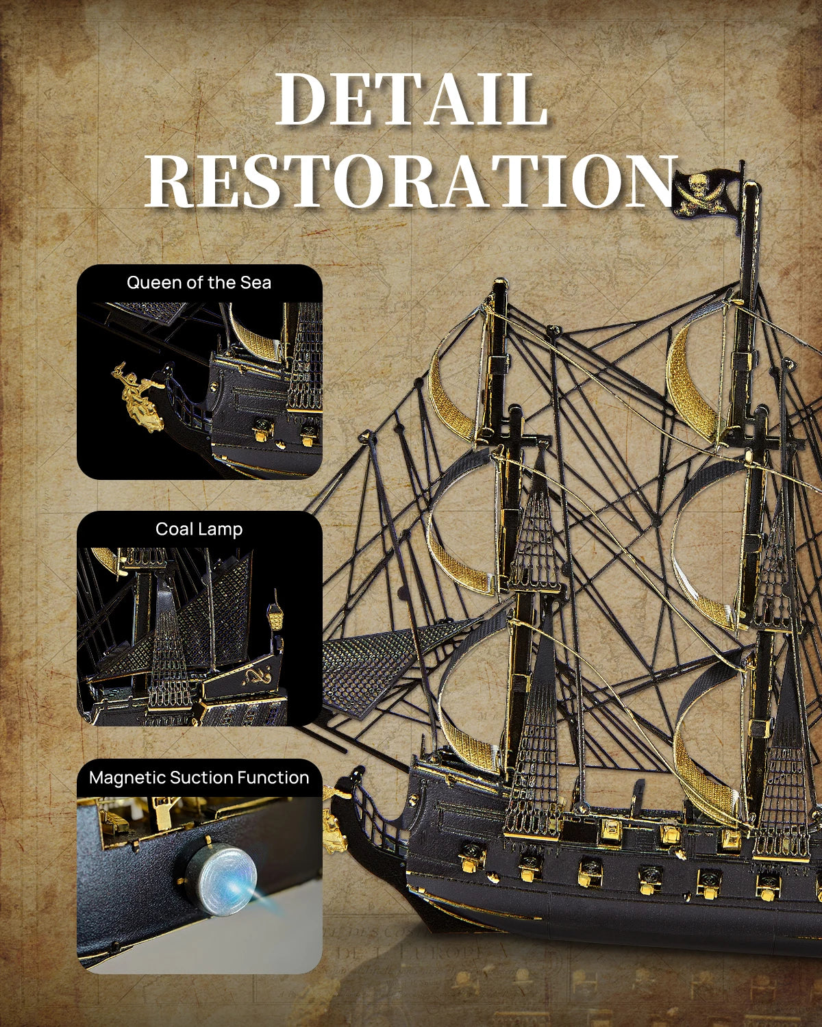 Model ship with 'Detail Restoration' text and close-up images of features on a textured background.