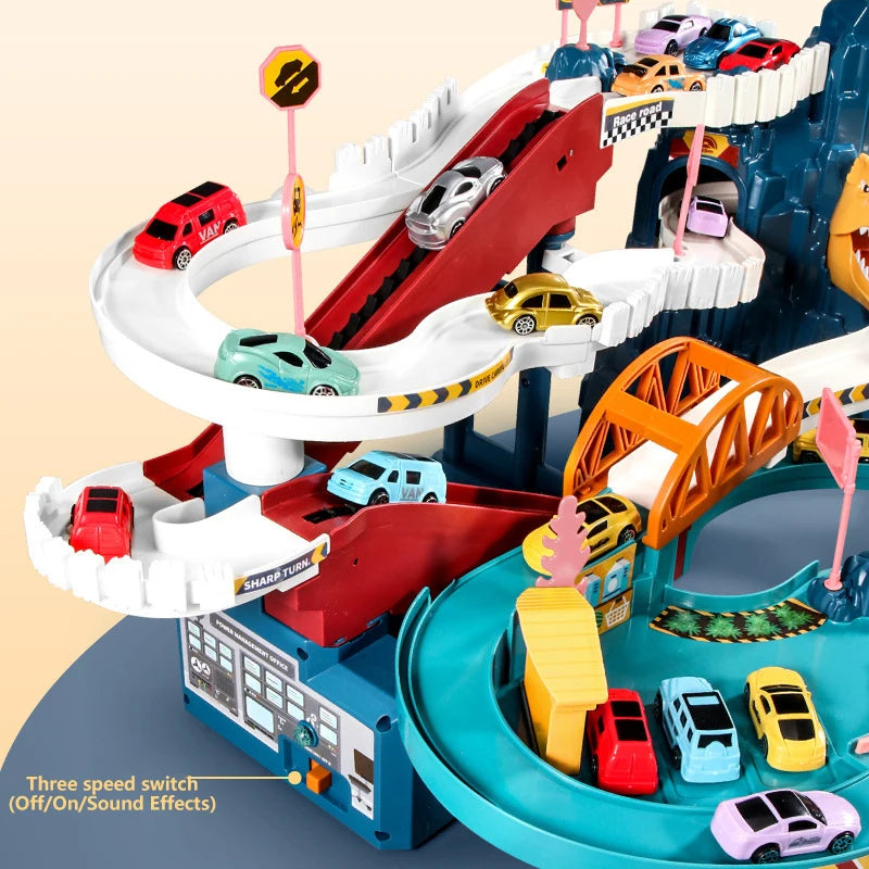 Toy race track set with multiple cars on a beige and blue background