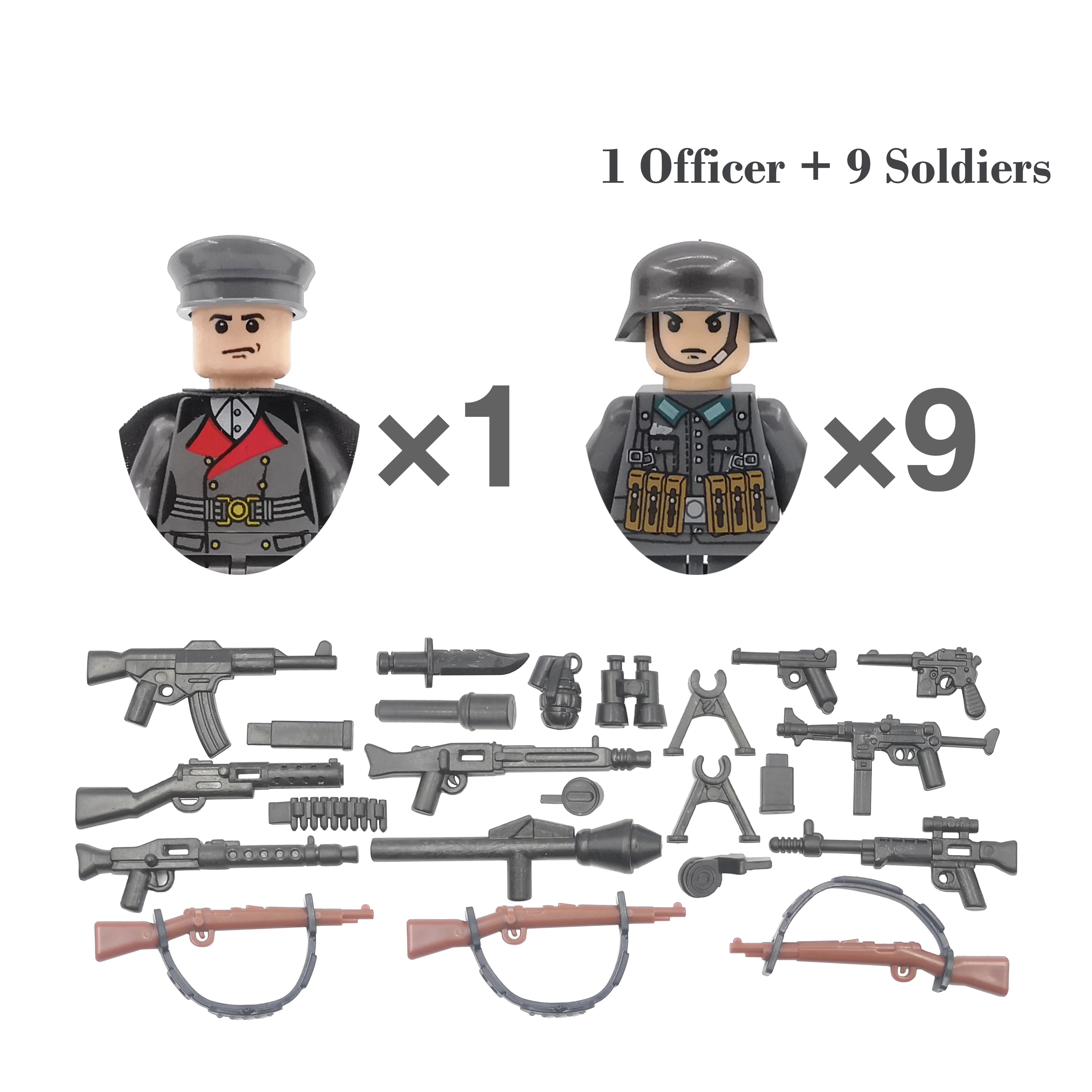 Set of toy figures and weapons labeled SR-G91KG5B with one officer and nine soldiers.