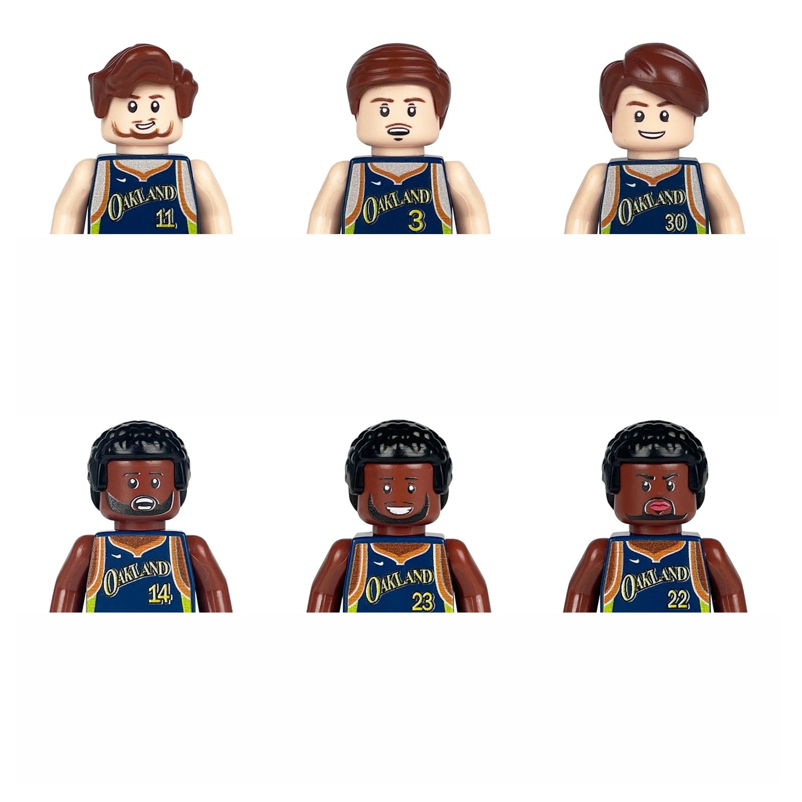 Set of basketball player figurines wearing Oakland jerseys on a white background