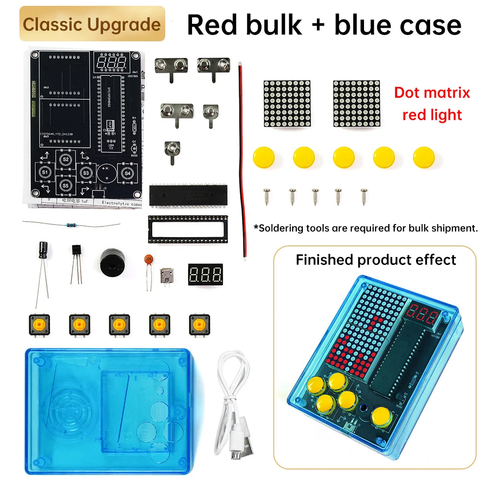 Electronic components and parts for a dot matrix display with red light, including a blue case.