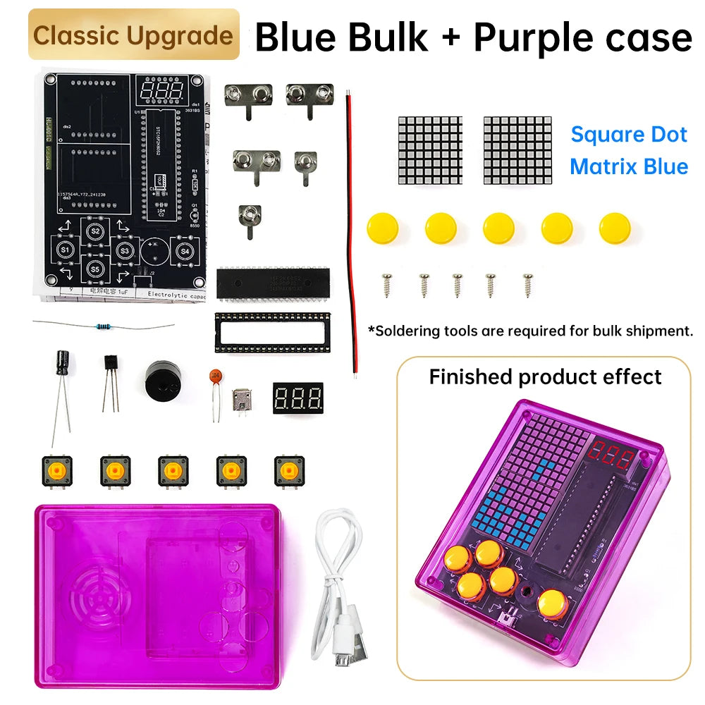 Electronic components and parts for a project with a purple case, including square dot matrix and buttons.