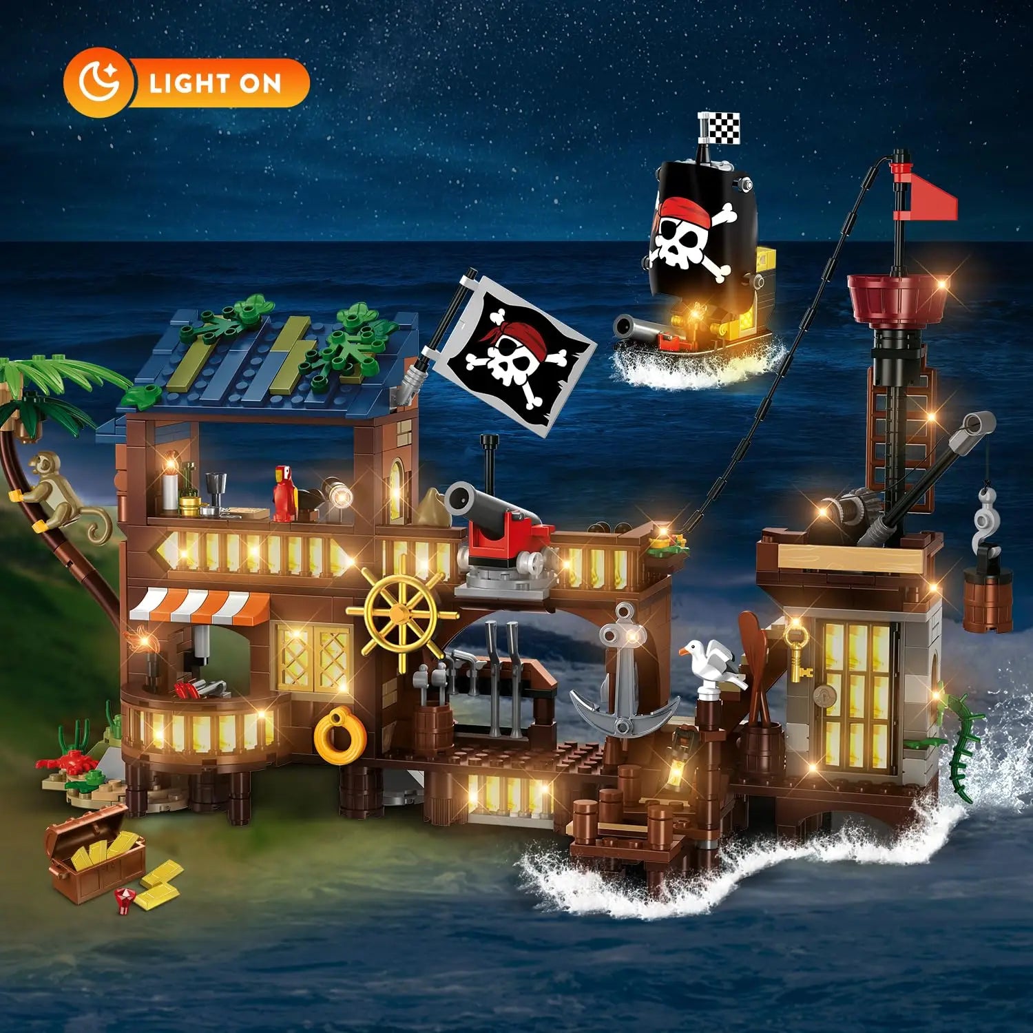 Pirate-themed building set with ship and lights on a dark ocean background