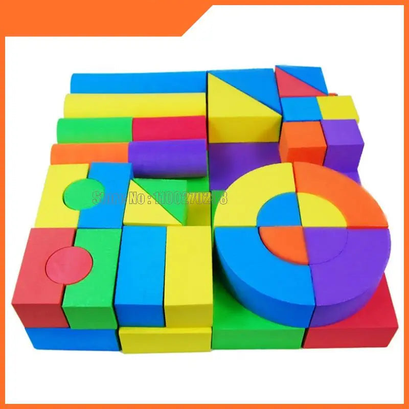 Colorful foam building blocks set on a white background with an orange border.