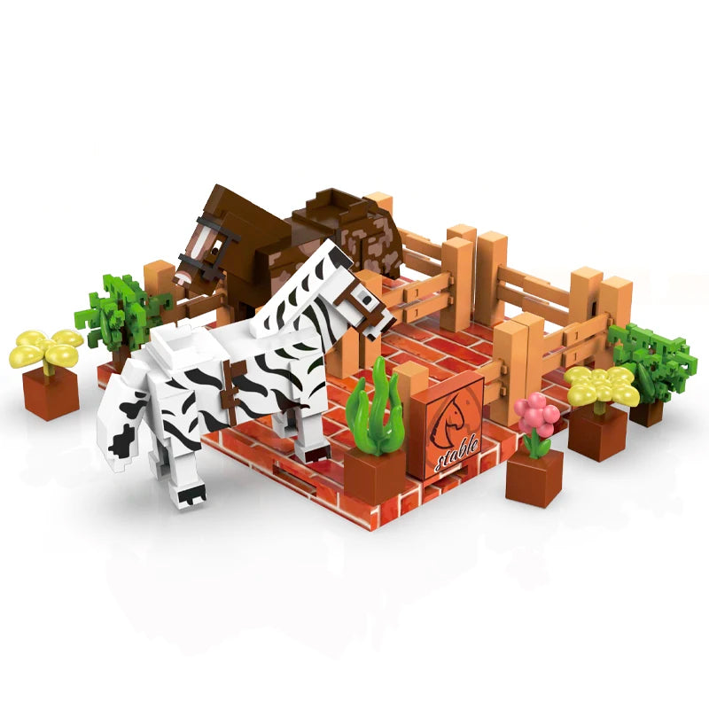 Toy set with a zebra and horse in a wooden enclosure on a white background