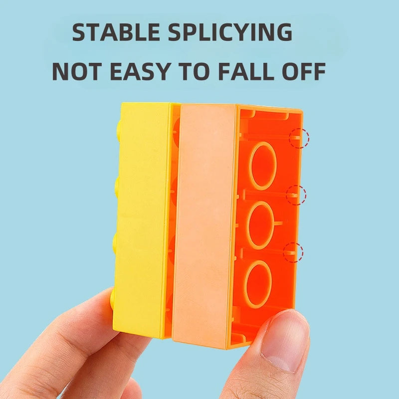 Hand holding a yellow and orange splicing tool with text on a blue background