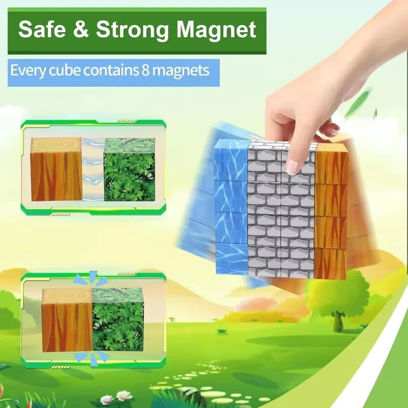 Magnetic cube set with a hand holding one, surrounded by nature-themed illustrations and text about magnets.