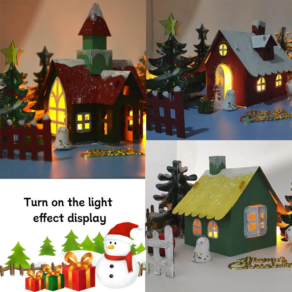 Collage of Christmas-themed miniature houses with light effects on a white background.