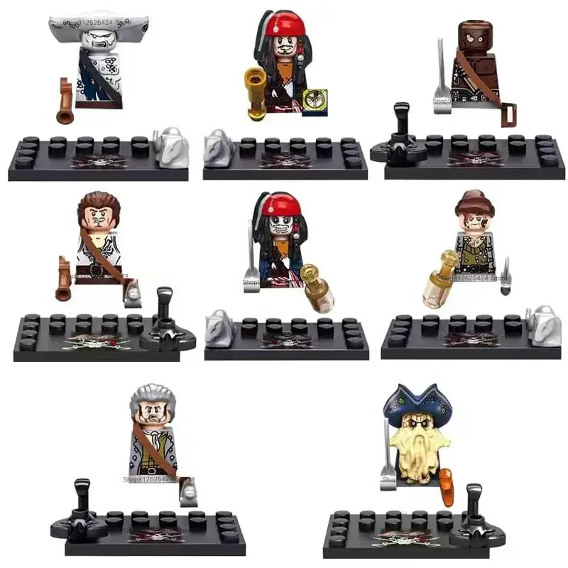 Set of LEGO pirate minifigures on display stands against a white background