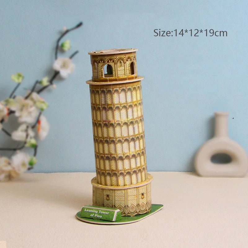 Leaning Tower of Pisa model on a table with a light blue background