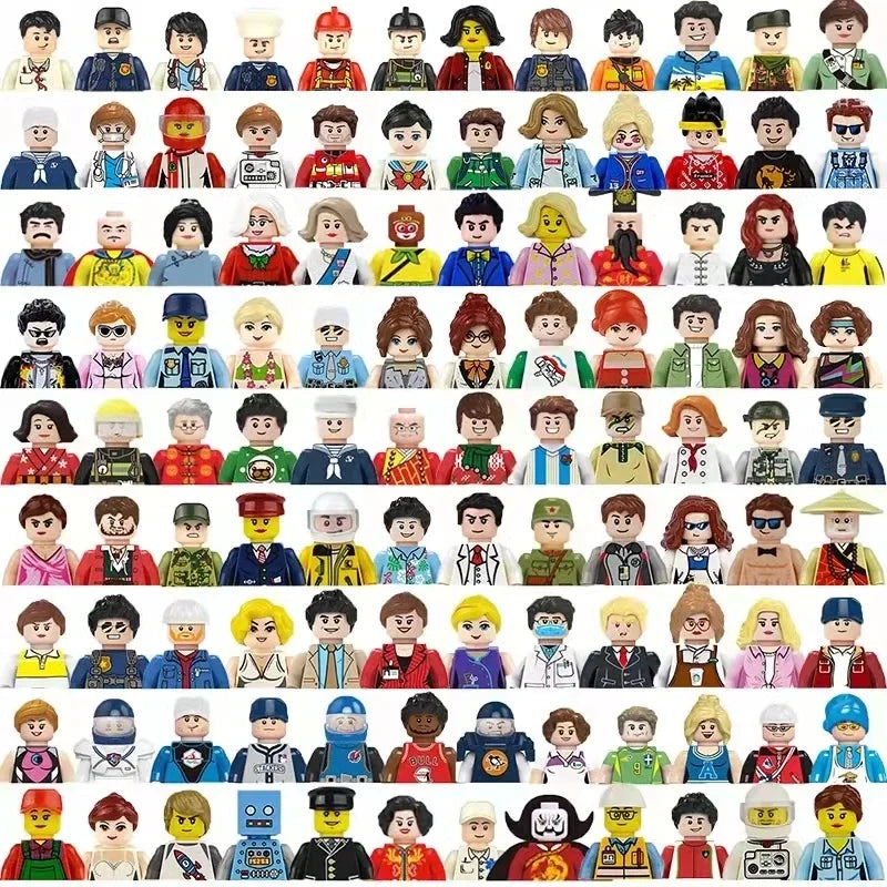 Collection of various minifigures arranged in a grid.