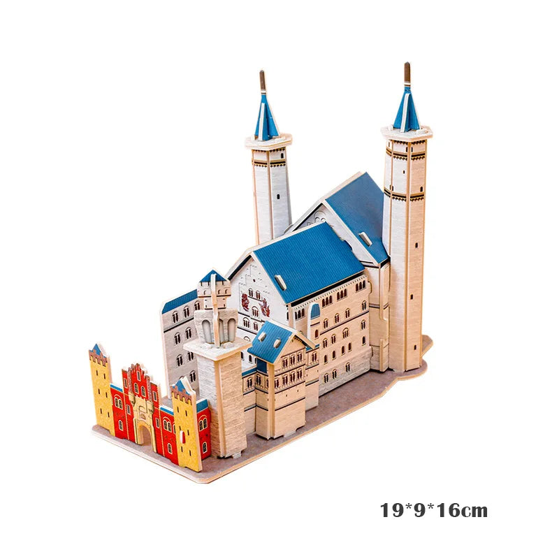 Wooden model of a castle with blue and red accents on a white background