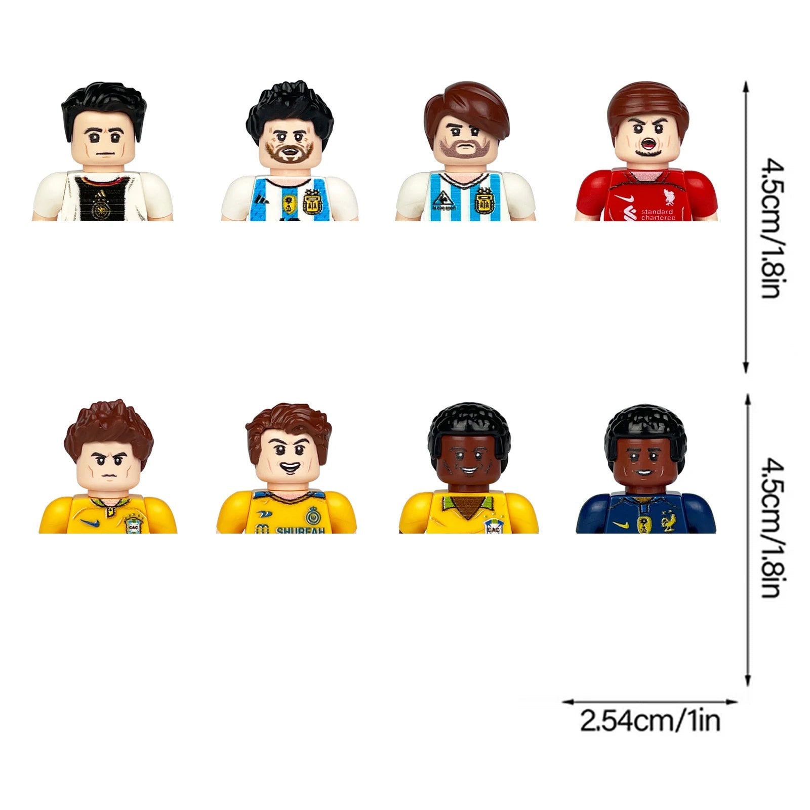 Set of eight small figurines with different hairstyles and outfits, shown with measurements on a white background.