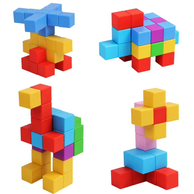 Colorful building block toys stacked into various shapes on a white background