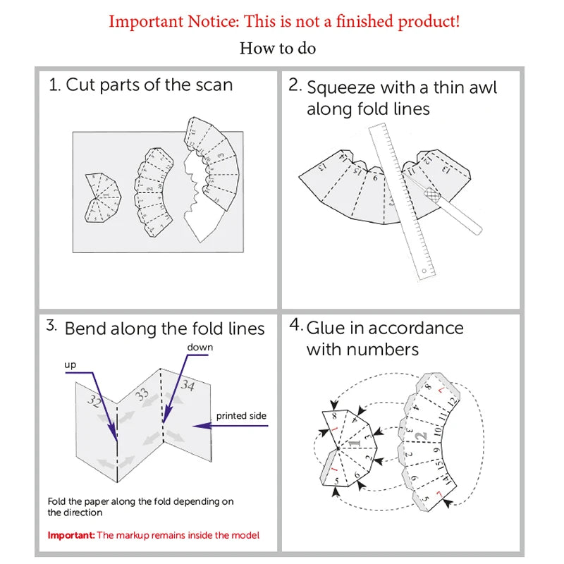 Instructions for cutting, bending, and gluing paper parts with fold lines and numbers.
