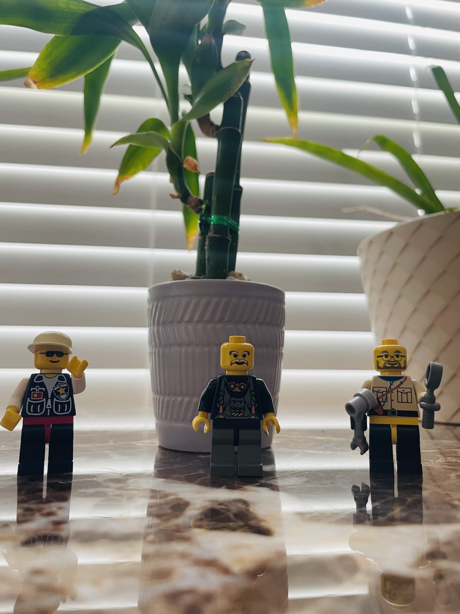 Three LEGO figures in front of a potted plant with white blinds in the background